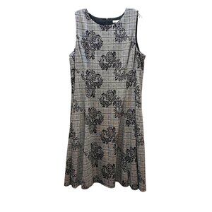 London Style Collection Sleeveless Black Gray Plaid Dress Floral Stretch Size 18